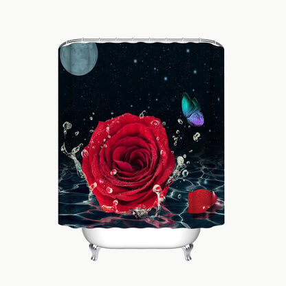 Red Rose&Butterfly Shower Curtain Sets Rug & Mat Non-Slip Toilet Lid Cover