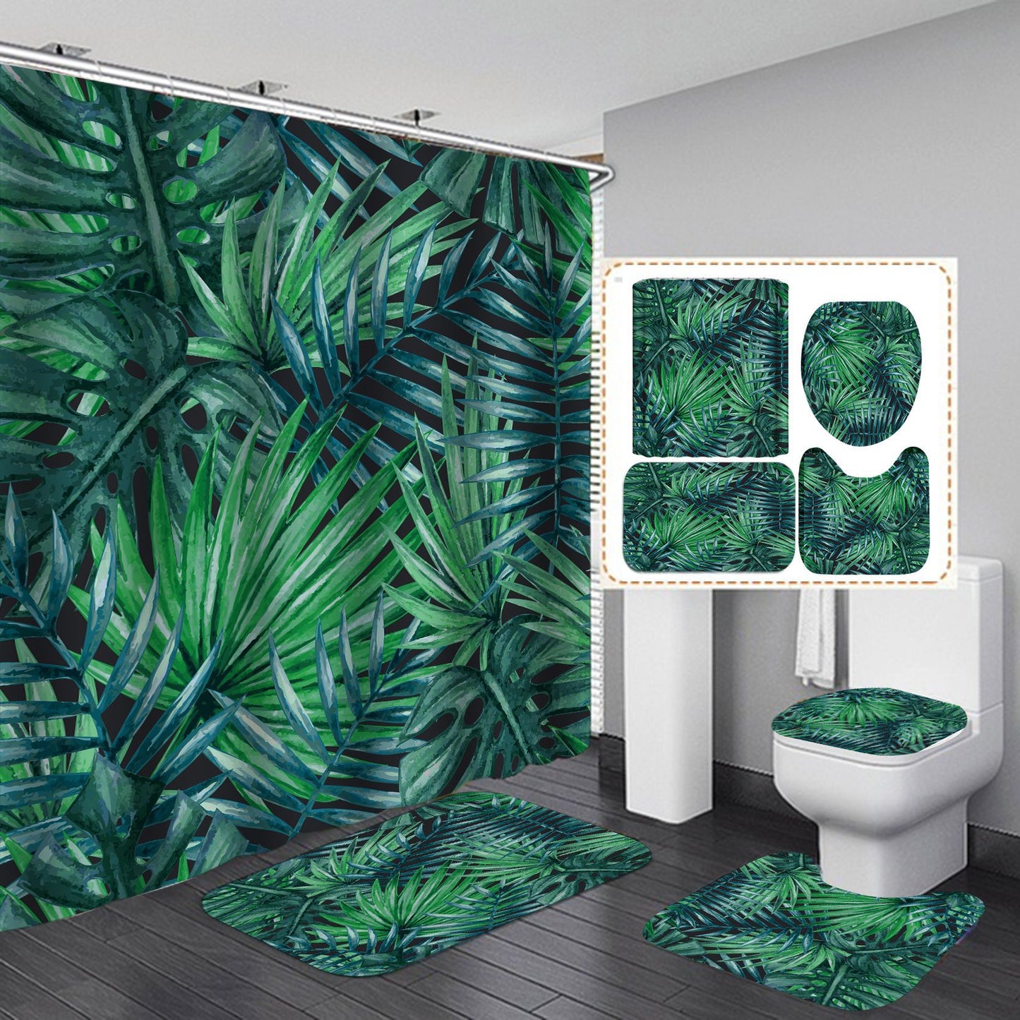 3D Palm Tree Shower Curtain Set Bathroom Rug Bath Mat Non-Slip Toilet Lid Cover