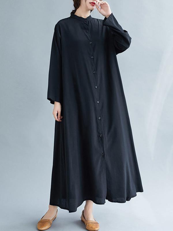 lSolid Round-Neck Shirts Long Dress-STYLEGOING