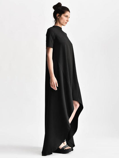 Black Short Sleeves Long Dress-STYLEGOING