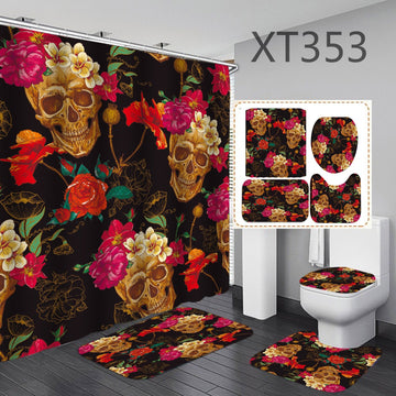 Flower Skeleton Shower Curtain Bathroom Rug Set Bath Mat Non-Slip Toilet Lid Cover-STYLEGOING