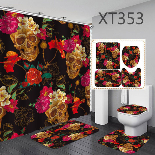 Flower Skeleton Shower Curtain Bathroom Rug Set Bath Mat Non-Slip Toilet Lid Cover-STYLEGOING