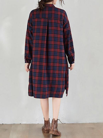 Original Plaid Lapel Shirt Dress-STYLEGOING