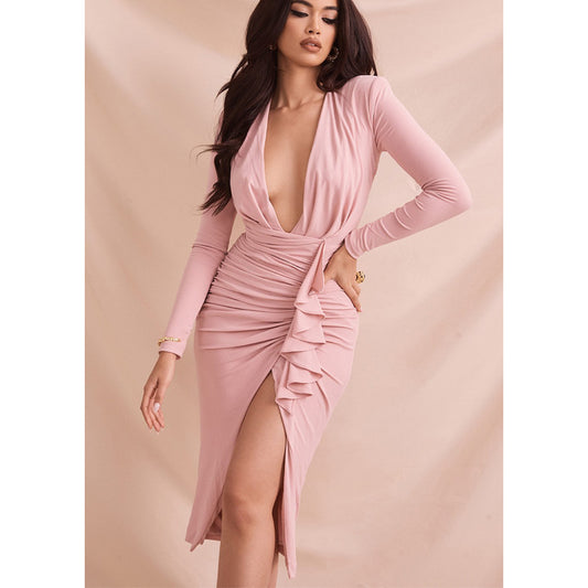 Sexy Ruffled Split Front Irregular Long Party Dresses