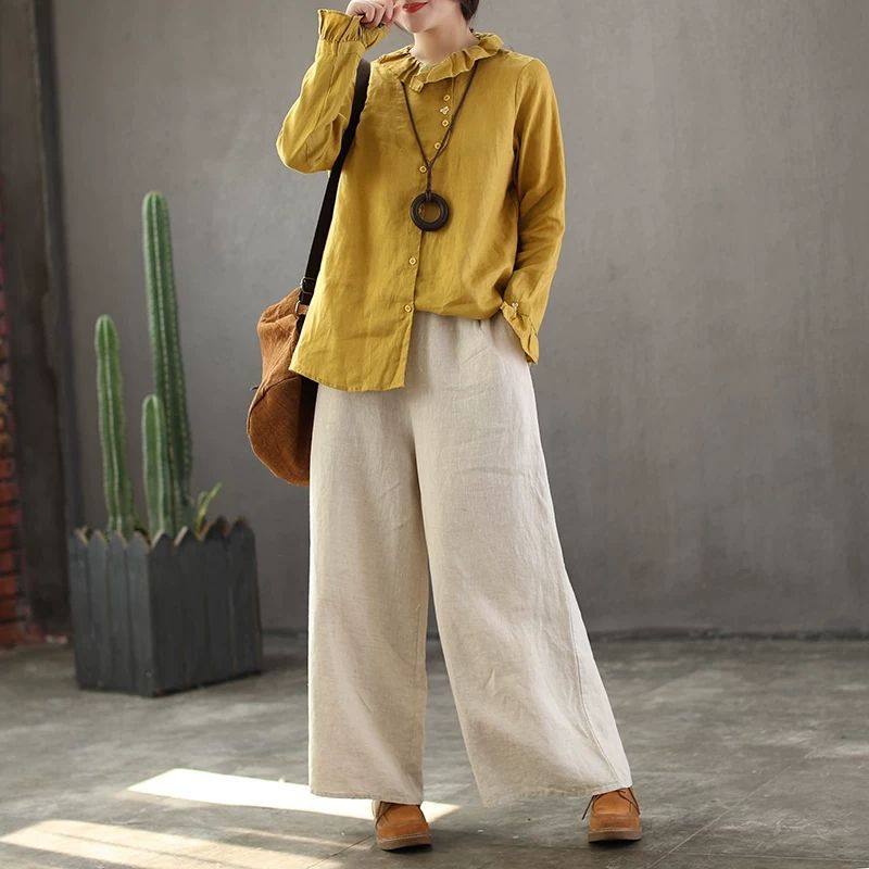 Leisure Linen Vintage Wide Leg Women Pants