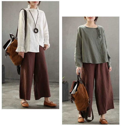 Leisure Linen Vintage Wide Leg Women Pants