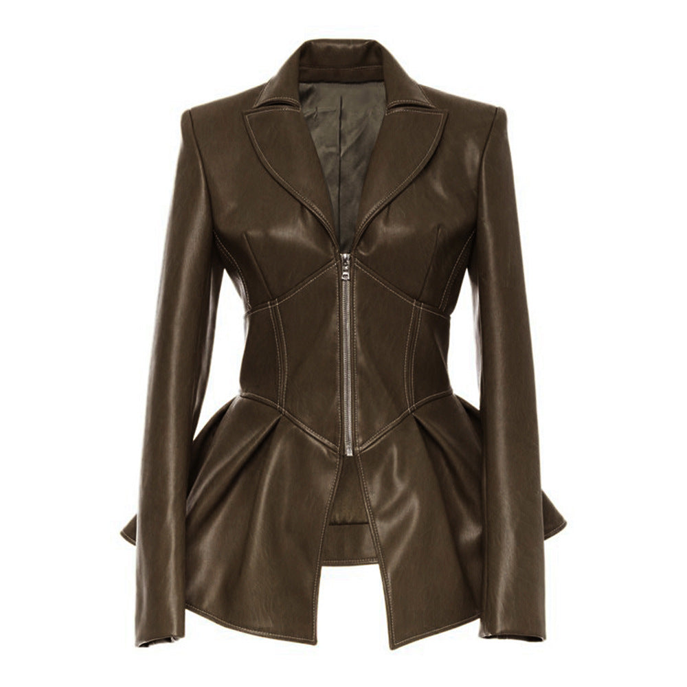 Women PU Leather Skirt Style Jacket Overcoat