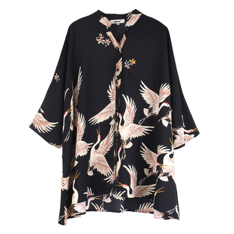 Summer Red-crowned Crane Designed Plus Sizes Women Shirts