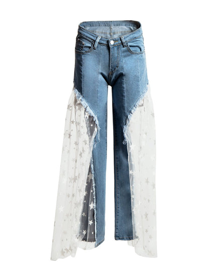 Personality Five Star Net Split Joint Loose Pants-STYLEGOING