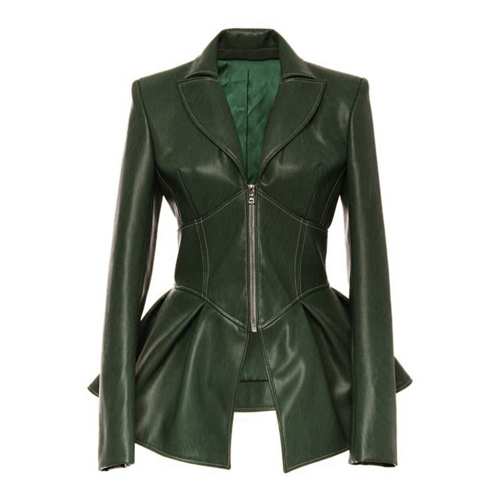 Women PU Leather Skirt Style Jacket Overcoat