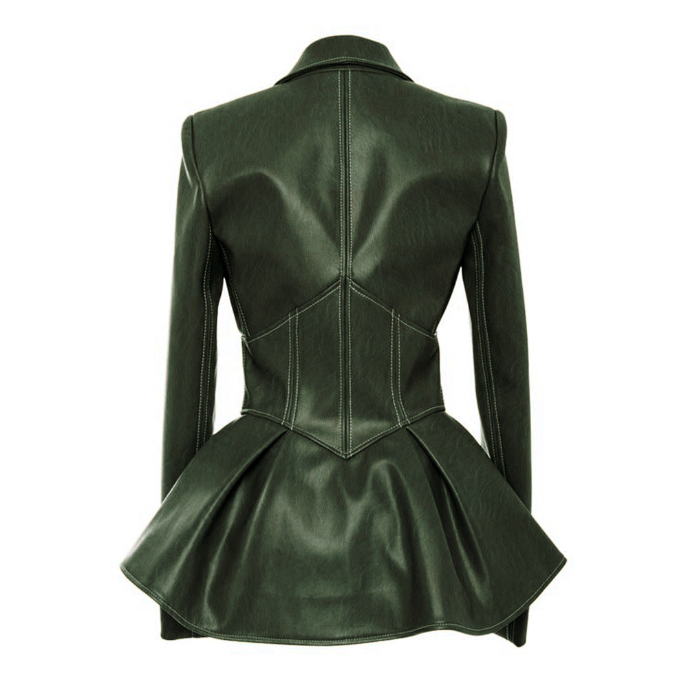 Women PU Leather Skirt Style Jacket Overcoat