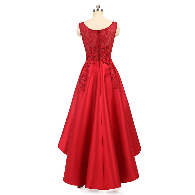 Women Red Lace Asymmetrical Evening Party Dresses