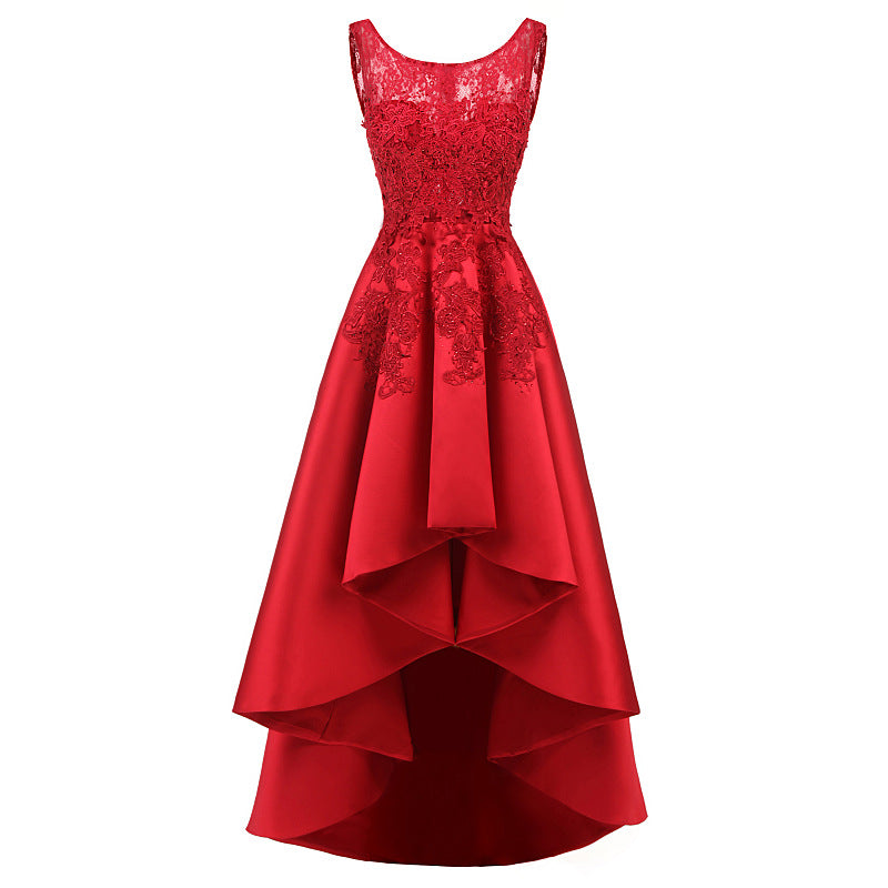 Women Red Lace Asymmetrical Evening Party Dresses