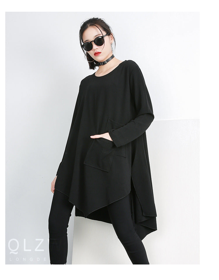 Black Round Neck Irregular Women Long Sleeves T Shirts