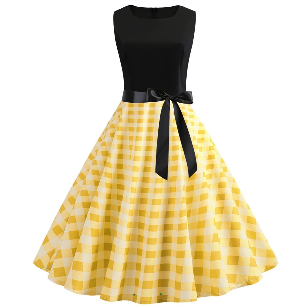 Plaid Print Sleeveless Belt Vintage Dresses-STYLEGOING