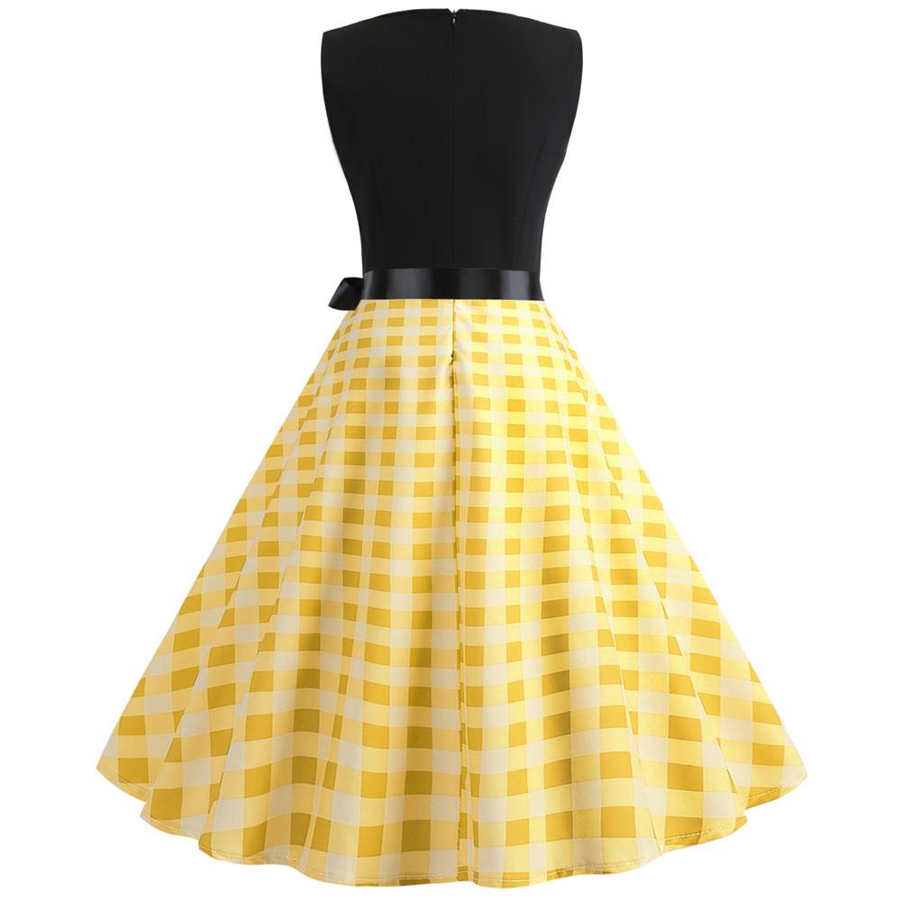 Plaid Print Sleeveless Belt Vintage Dresses-STYLEGOING