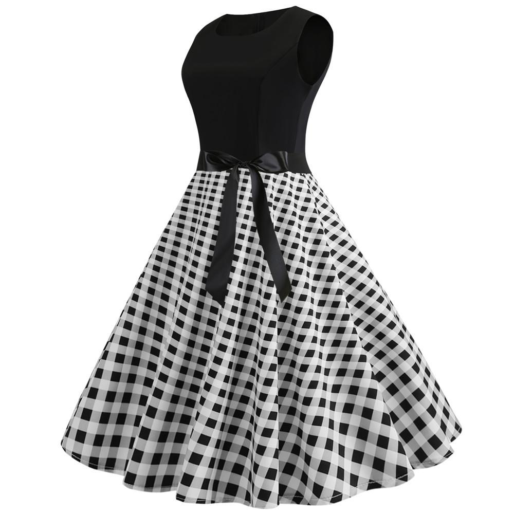 Plaid Print Sleeveless Belt Vintage Dresses-STYLEGOING