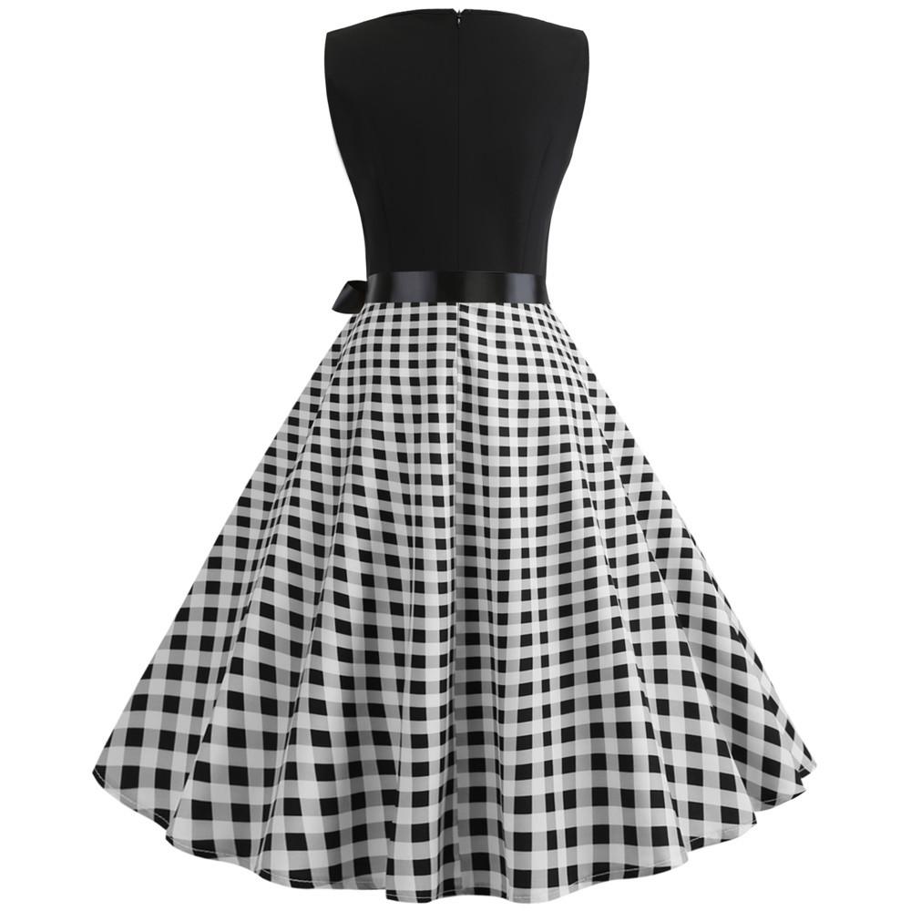 Plaid Print Sleeveless Belt Vintage Dresses-STYLEGOING
