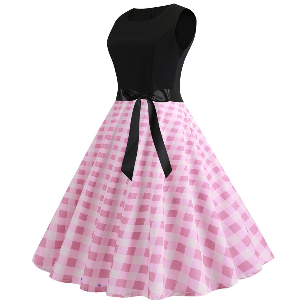 Plaid Print Sleeveless Belt Vintage Dresses-STYLEGOING