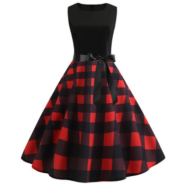 Plaid Print Sleeveless Belt Vintage Dresses-STYLEGOING