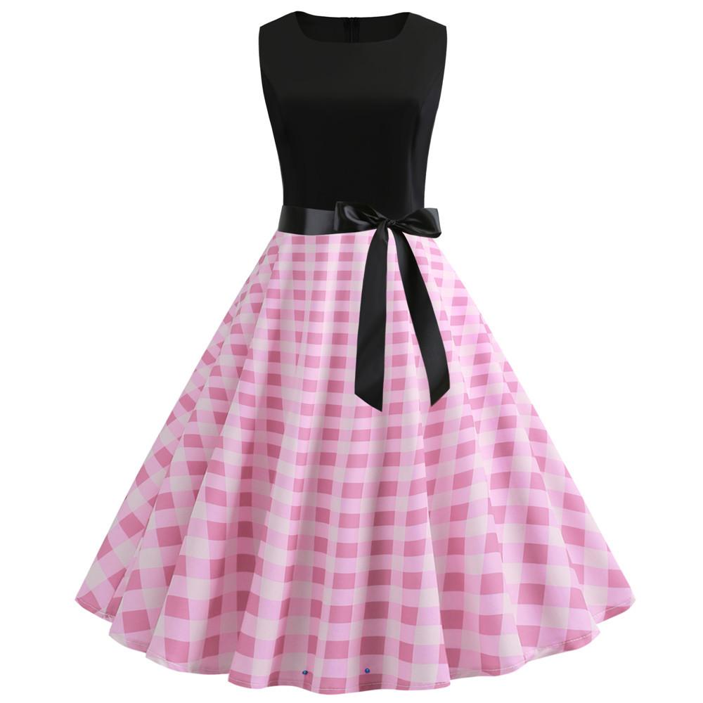 Plaid Print Sleeveless Belt Vintage Dresses-STYLEGOING