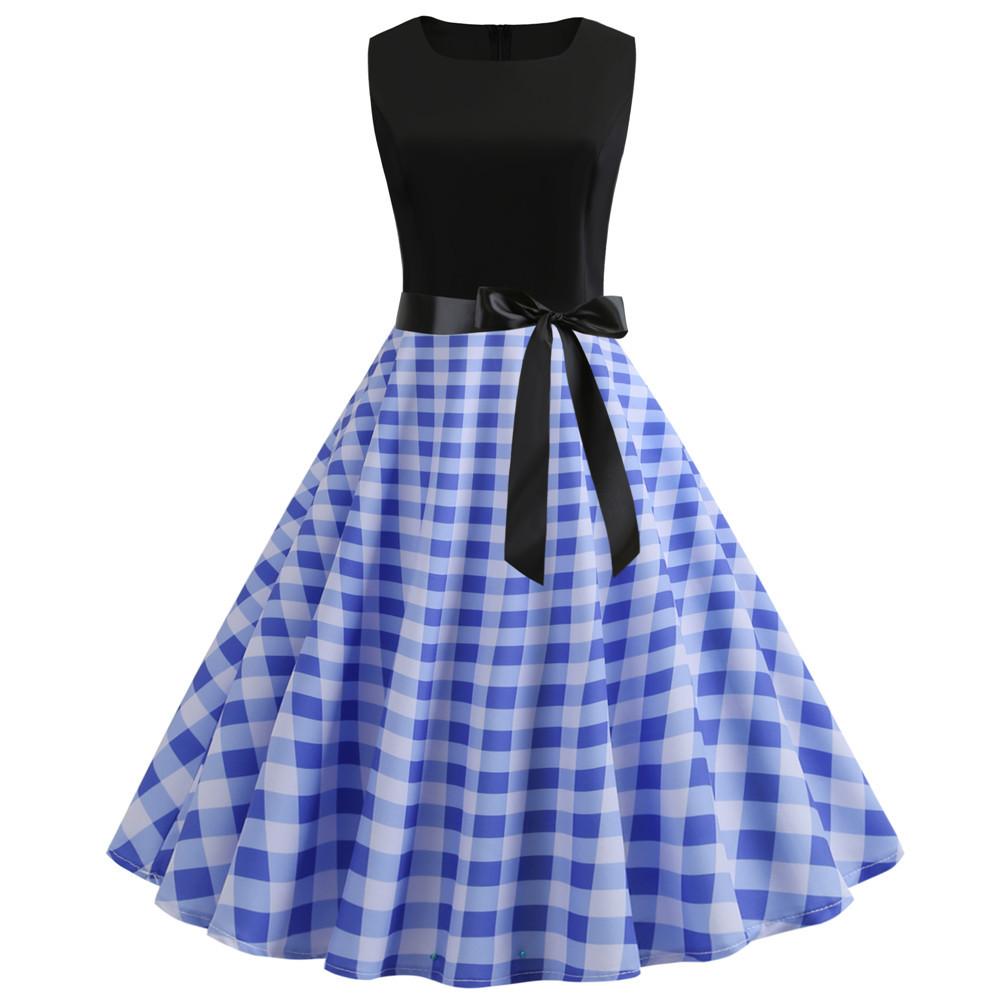 Plaid Print Sleeveless Belt Vintage Dresses-STYLEGOING