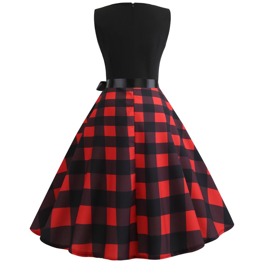 Plaid Print Sleeveless Belt Vintage Dresses-STYLEGOING