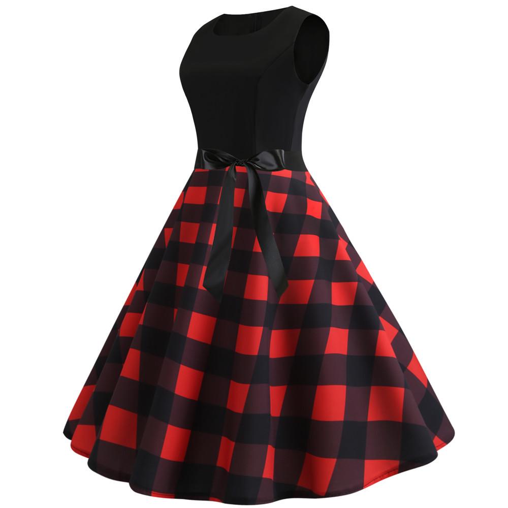 Plaid Print Sleeveless Belt Vintage Dresses-STYLEGOING