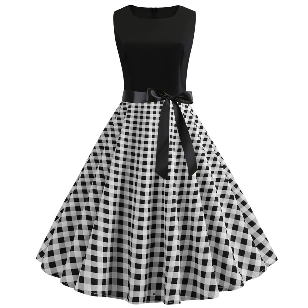 Plaid Print Sleeveless Belt Vintage Dresses-STYLEGOING