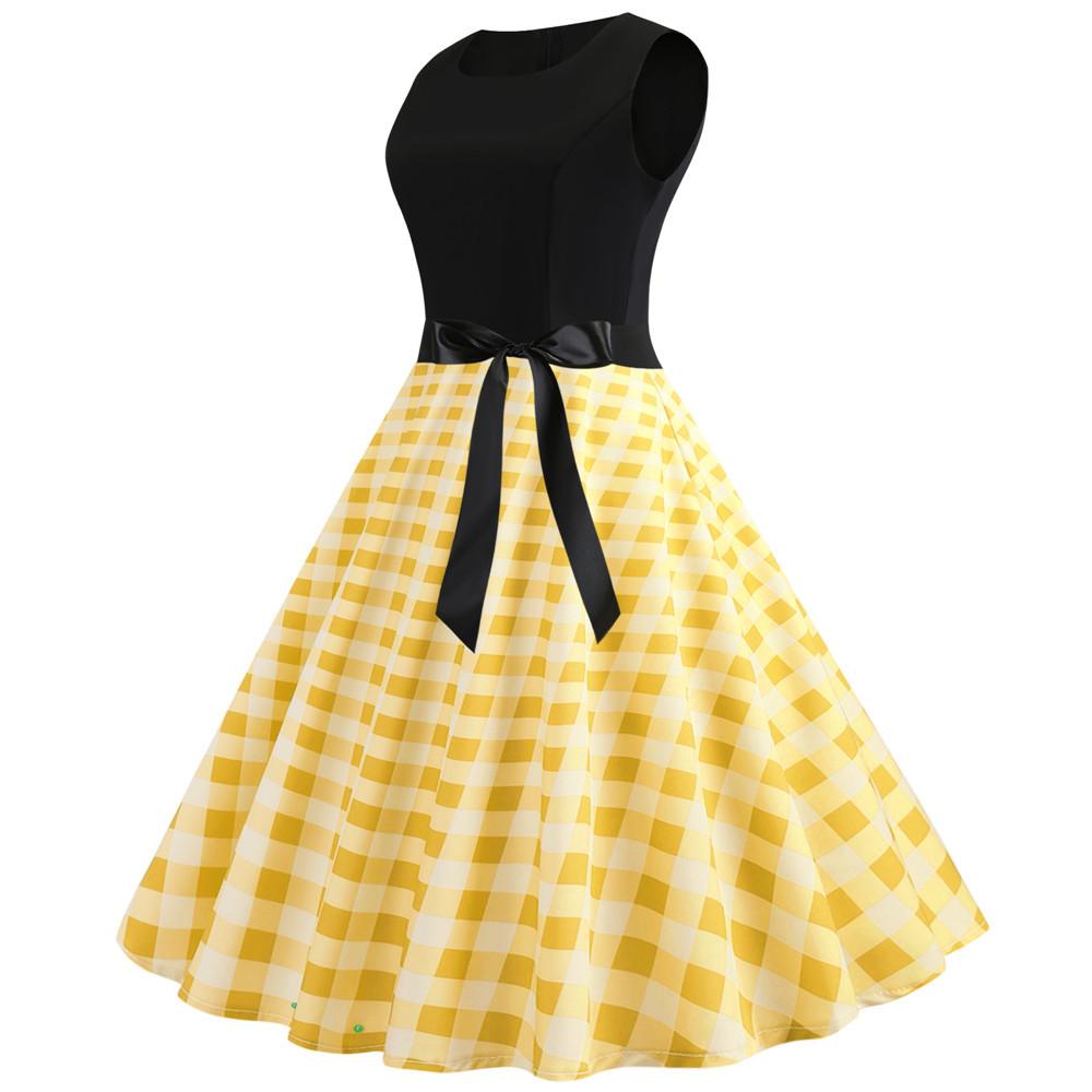 Plaid Print Sleeveless Belt Vintage Dresses-STYLEGOING