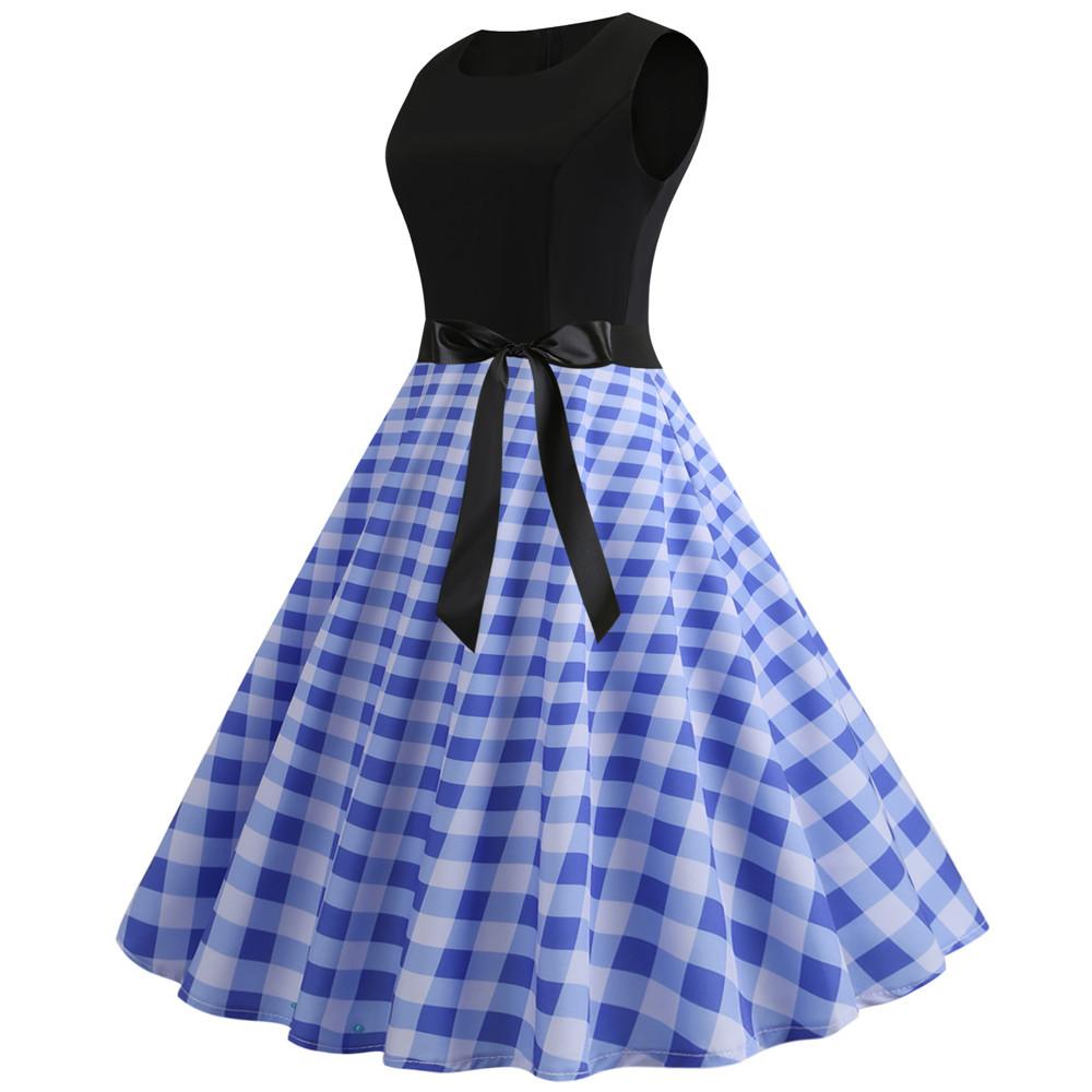 Plaid Print Sleeveless Belt Vintage Dresses-STYLEGOING