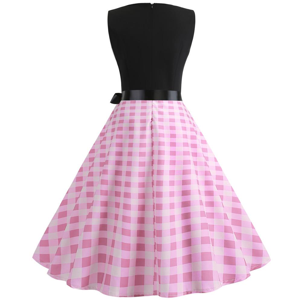 Plaid Print Sleeveless Belt Vintage Dresses-STYLEGOING