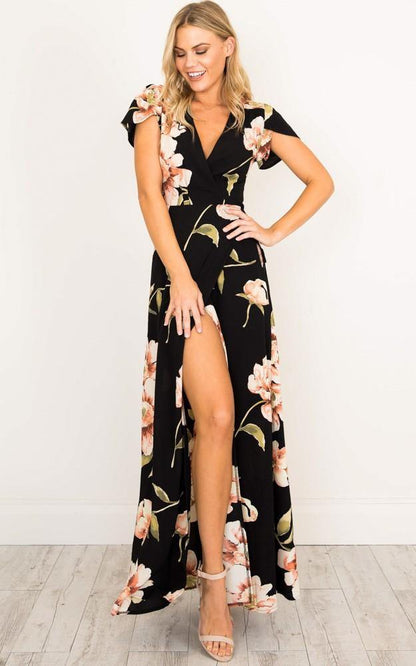 Summer Short Sleeves V Neck Long Dresses-STYLEGOING