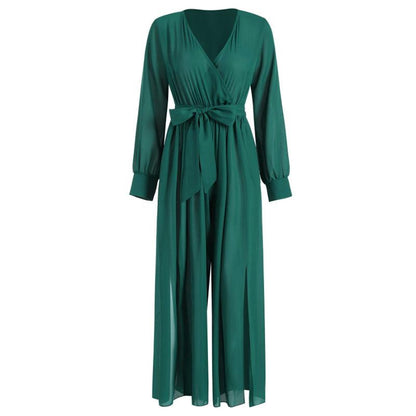 Sexy Long Sleeves V Neck Chiffon Split Long Jumpsuits