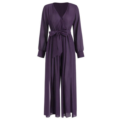 Sexy Long Sleeves V Neck Chiffon Split Long Jumpsuits