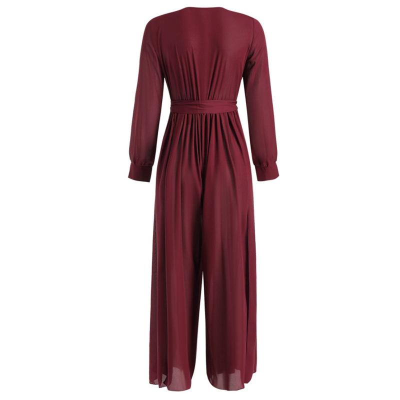 Sexy Long Sleeves V Neck Chiffon Split Long Jumpsuits