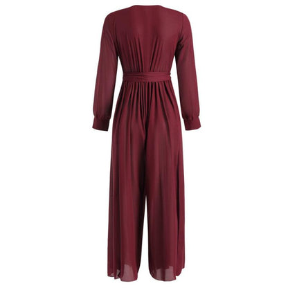 Sexy Long Sleeves V Neck Chiffon Split Long Jumpsuits