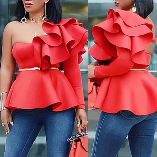 Sexy One Shoulder Ruffled Women Top Shirts