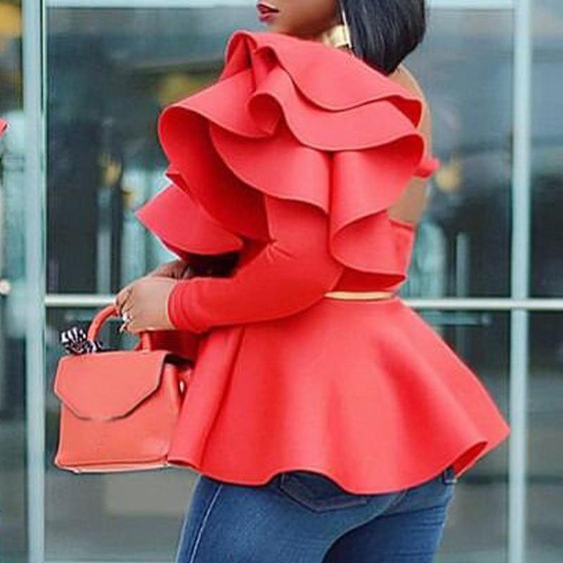 Women One Shoulder Long Sleeves Blouses-STYLEGOING