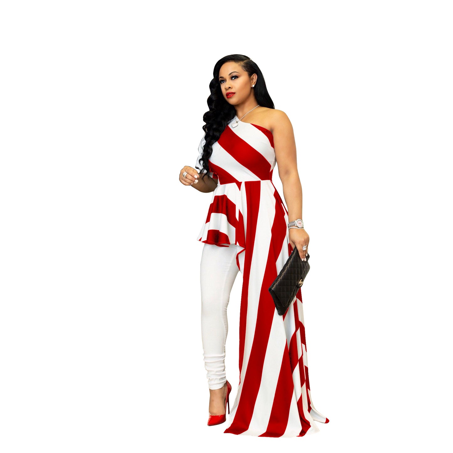 Sexy One Shoulder Striped Women Long Shirt Dresses
