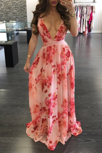 Summer Chiffon Deep V Neck Long Dresses