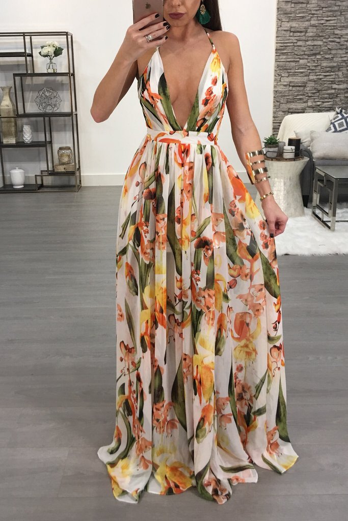 Summer Chiffon Deep V Neck Long Dresses