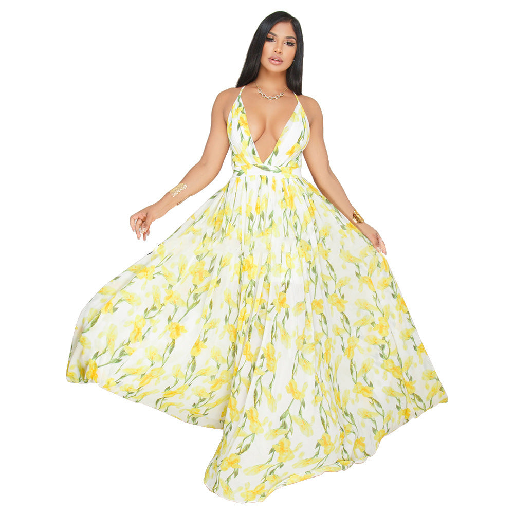 Summer Chiffon Deep V Neck Long Dresses