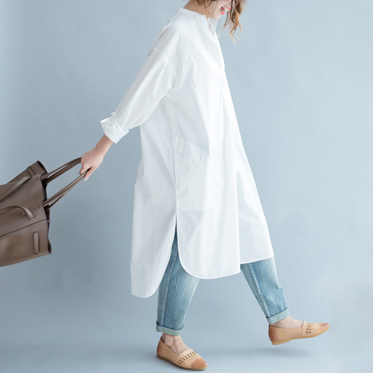 White Round Neck Long Shirt Dresses