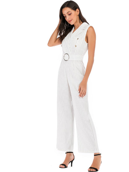 White Sleeveless Blazer Summer Jumpsuits with Belt