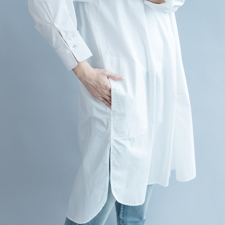 White Round Neck Long Shirt Dresses