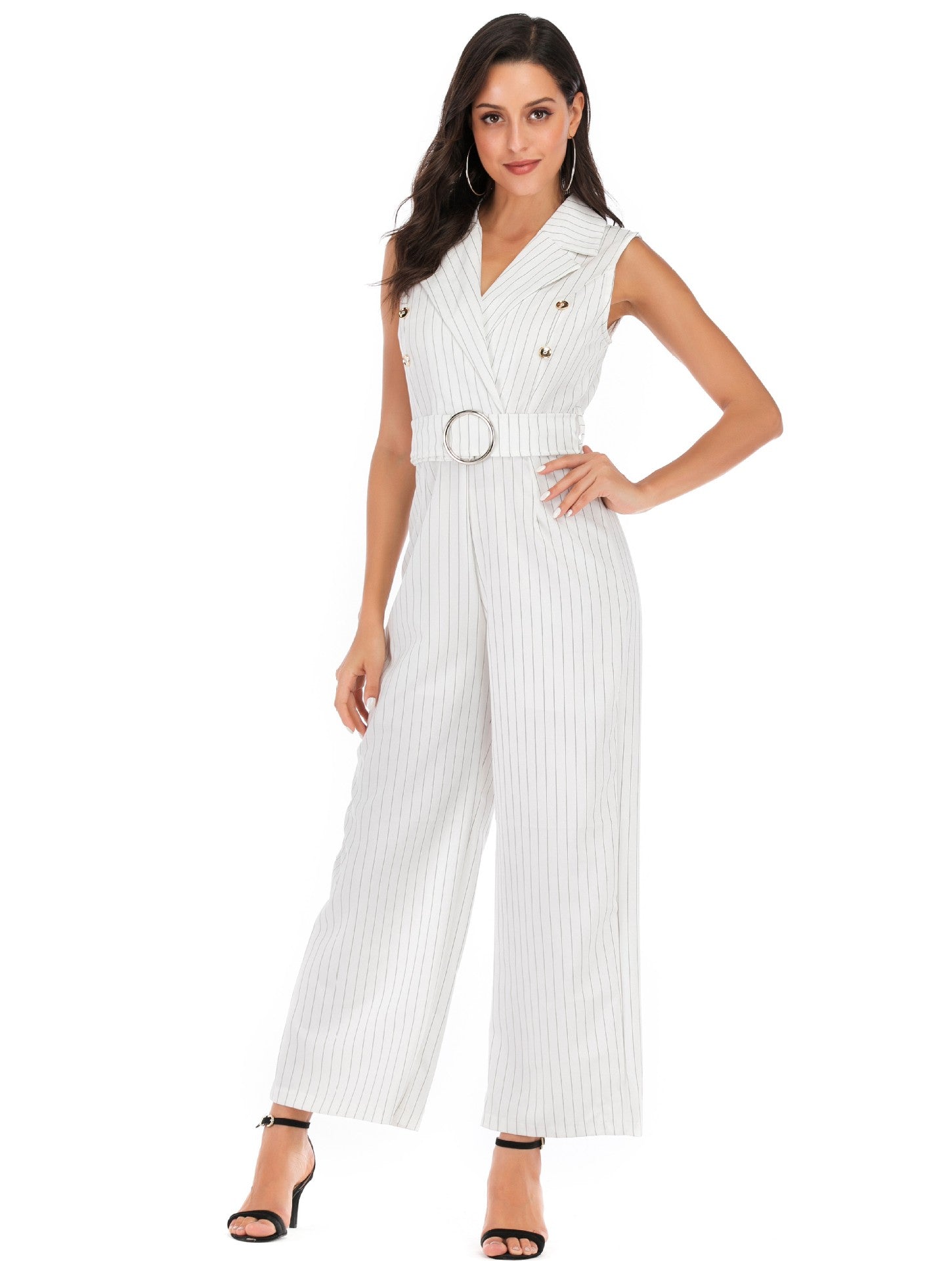 White Sleeveless Blazer Summer Jumpsuits with Belt