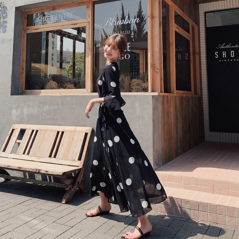 Black Dot Chiffon Summer Women Long Dress
