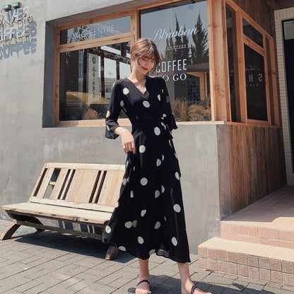 Black Dot Chiffon Summer Women Long Dress