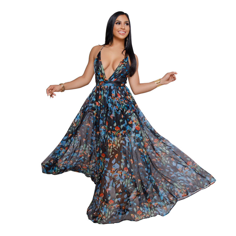 Summer Chiffon Deep V Neck Long Dresses